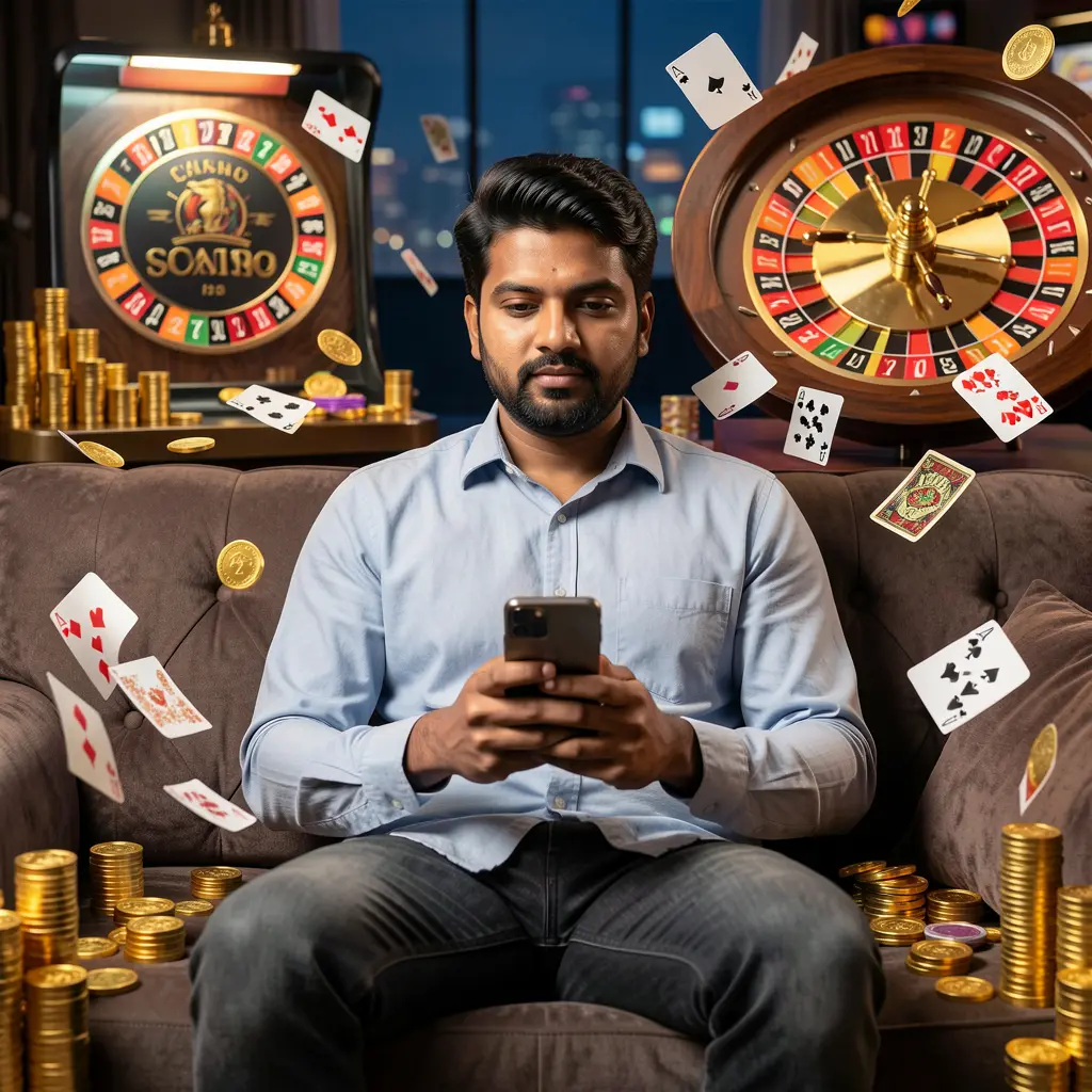 Confident Bangladeshi player using the 830K casino app on his phone surrounded by glowing roulette wheels cards and coins