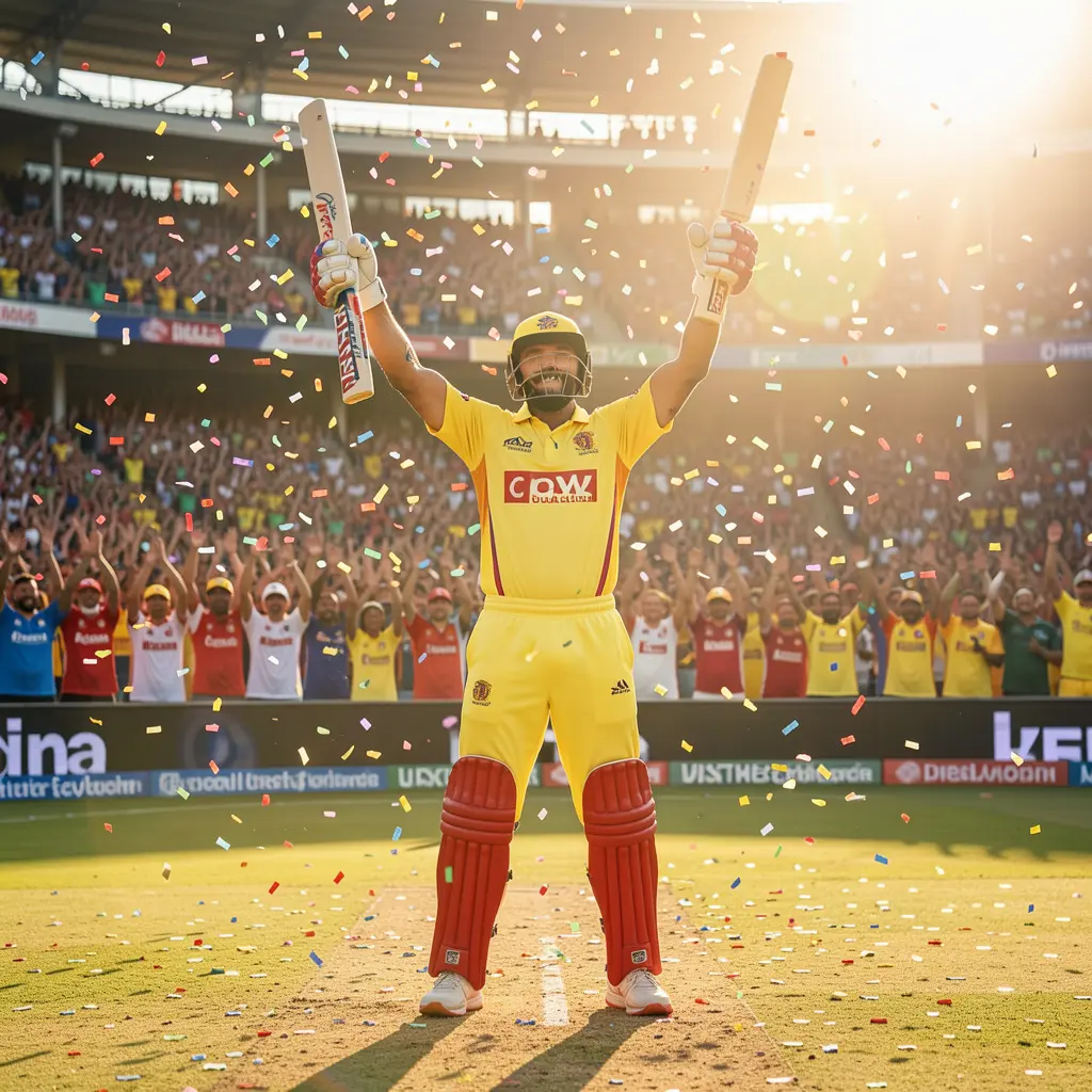 Excited cricket player celebrating a key moment on the field with fans cheering behind highlighting the thrill of live cricket betting with 830K in Bangladesh