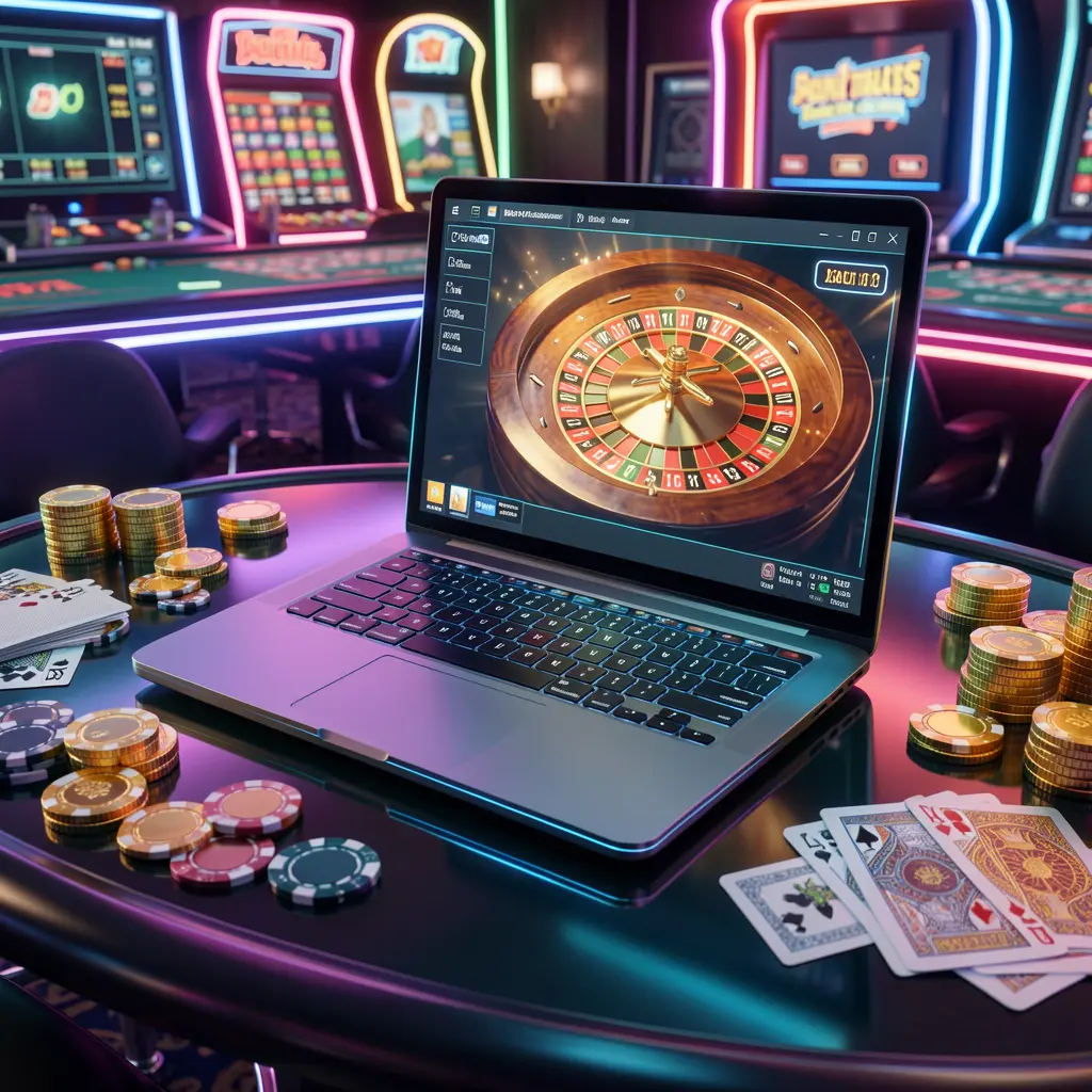 Futuristic casino laptop with a glowing roulette wheel and scattered coins representing high energy online gaming excitement at 830K Casino for Bangladesh