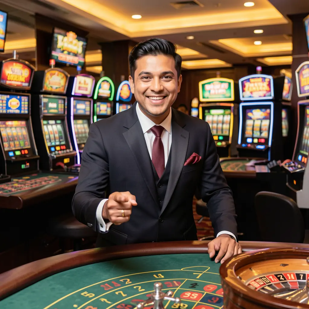 Confident Bangladeshi 830K casino dealer smiling and pointing forward with roulette and slot machines behind him inviting users to log in