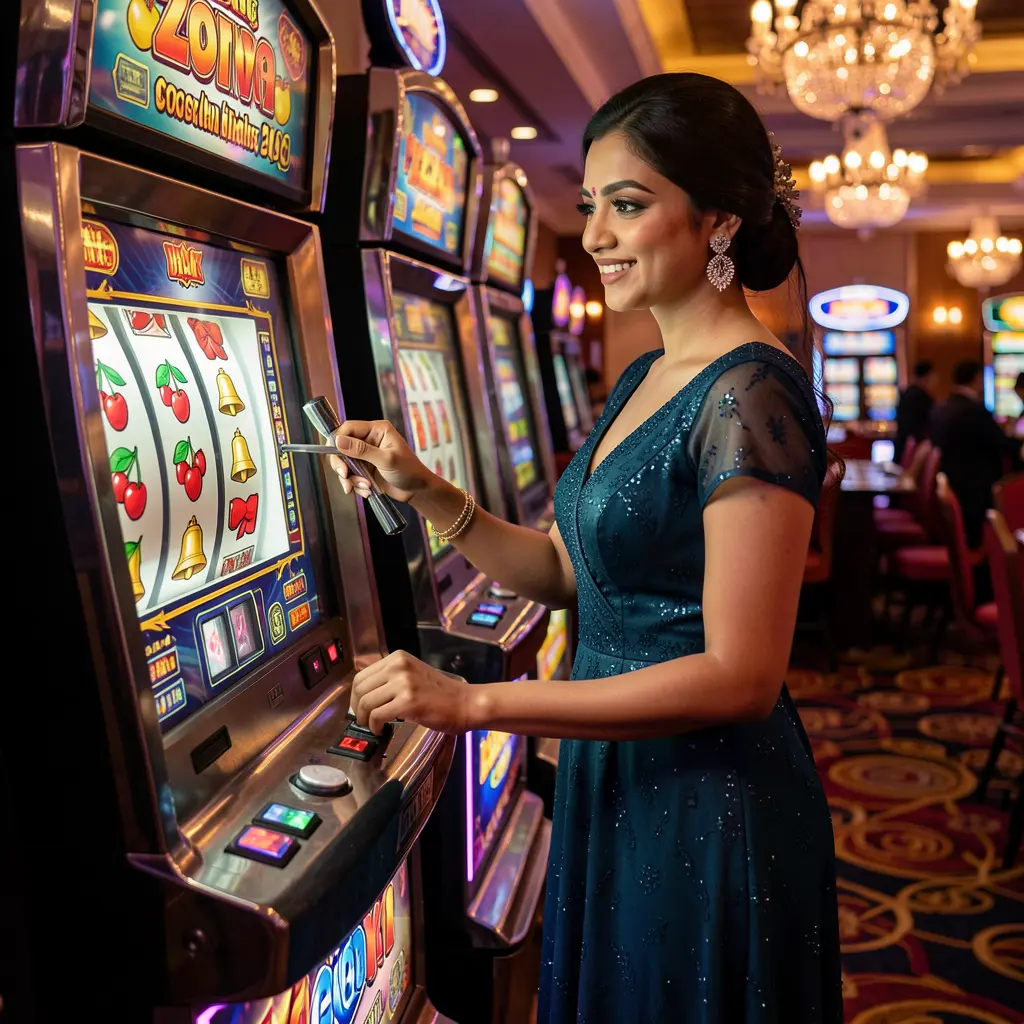 Confident Bangladeshi woman enjoying a modern slot machine with bright reels and casino lights at 830K online casino